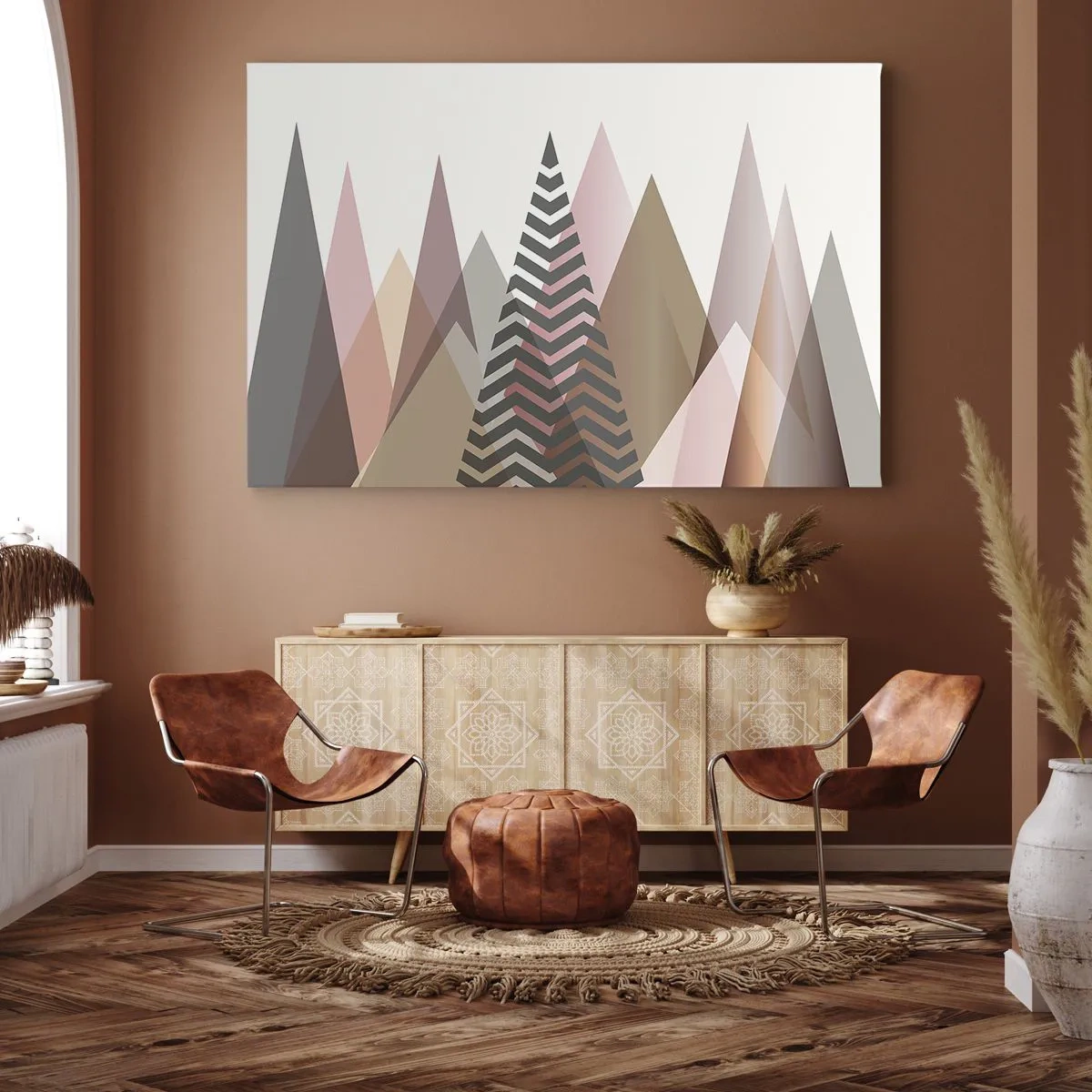 Obraz na płótnie - Kolorowe geometryczne góry w pastelowych odcieniach - 70x50cm - Piramidalny widok - Nowoczesna dekoracja ścienna do salonu i sypialni ARTTOR