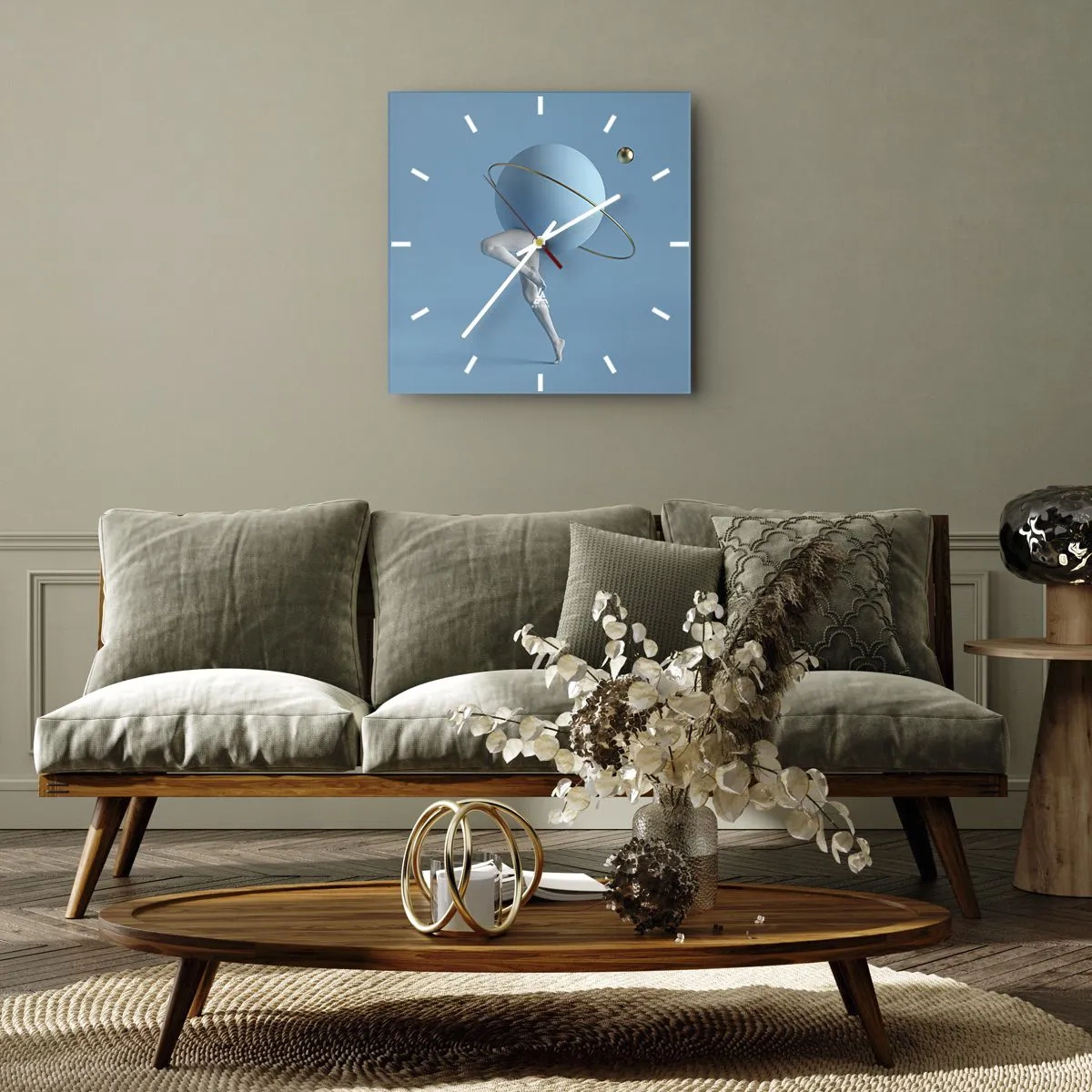 Zegar ścienny - Niebieska kula z orbitą i ludzkimi nogami na tle nieba - 30x30cm - A planety szaleją - Nowoczesna dekoracja ścienna do salonu i sypialni ARTTOR