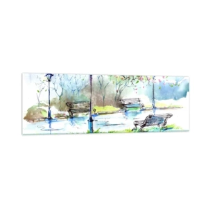 Obraz na szkle - Akwarelowa scena parku z ławkami i lampami - 160x50cm - Czar parkowej ciszy - Nowoczesna dekoracja ścienna do salonu i sypialni ARTTOR
