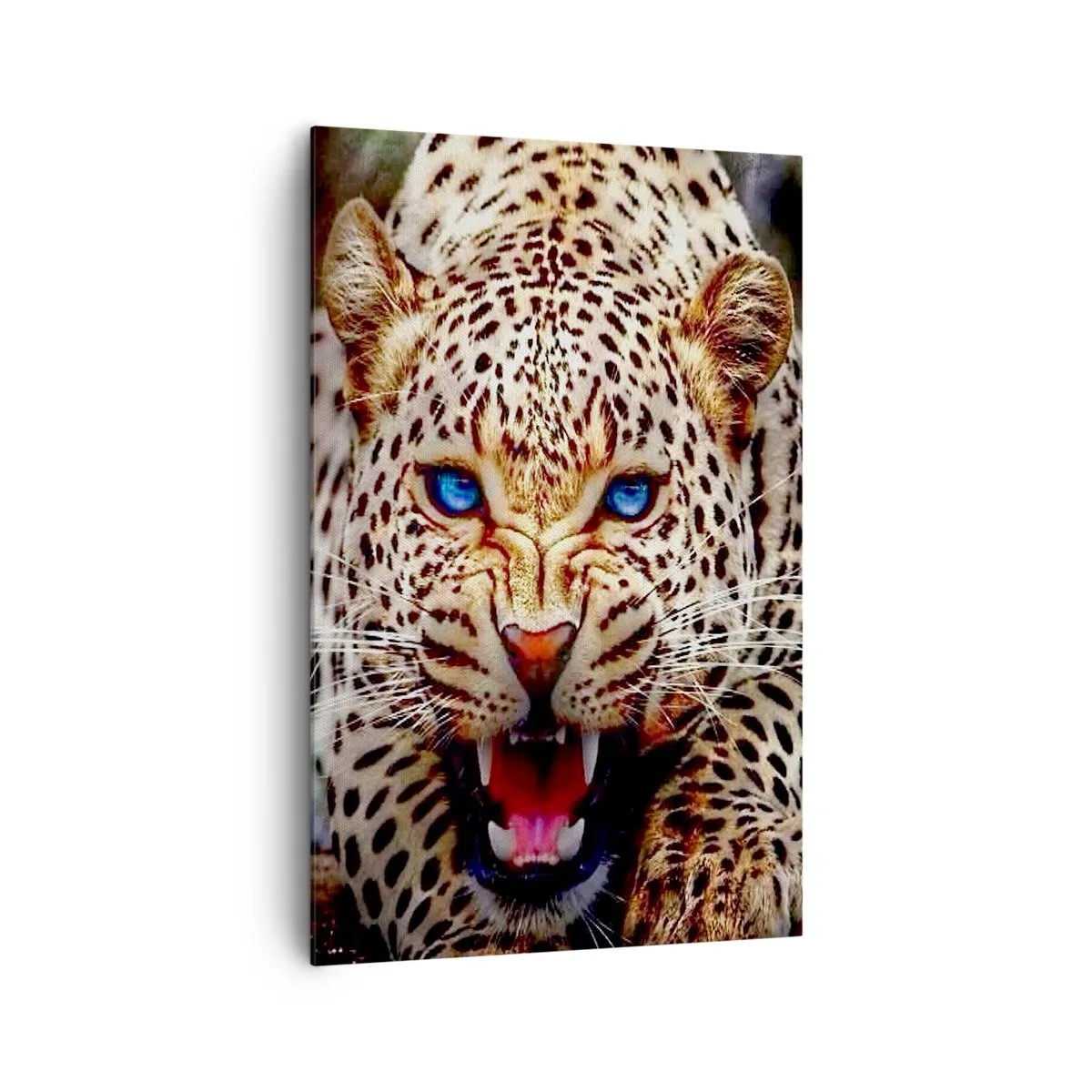 Obraz na płótnie - Groźny leopard z intensywnie błękitnymi oczami - 80x120cm - Złość piękności nie szkodzi - Nowoczesna dekoracja ścienna do salonu i sypialni ARTTOR