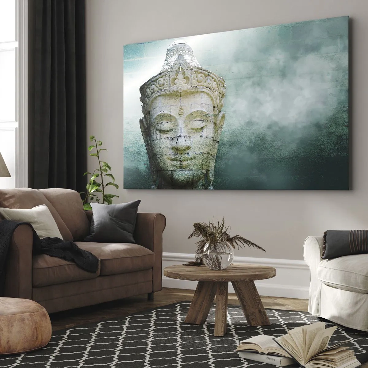Obraz na płótnie - Posąg Buddy z delikatną mgłą na tle zieleni - 70x50cm - Poszukując światła - Nowoczesna dekoracja ścienna do salonu i sypialni ARTTOR