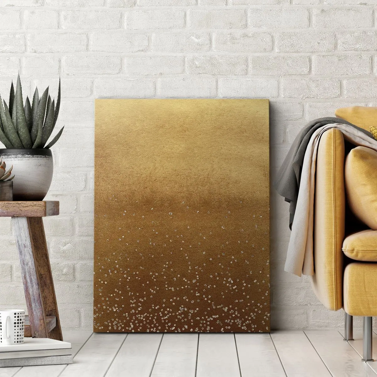 Obraz na płótnie - Abstrakcyjna kompozycja złotych odcieni z połyskującymi drobinkami - 50x70cm - Narodziny światła - Nowoczesna dekoracja ścienna do salonu, kuchni i sypialni ARTTOR