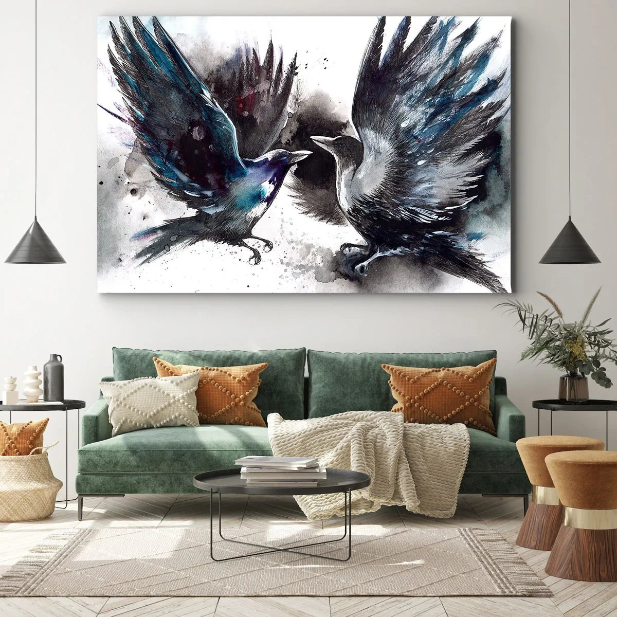 Obraz na płótnie - Artystyczne kruki w dynamicznej kompozycji akwarelowej - 70x50cm - Kruk krukowi… - Nowoczesna dekoracja ścienna do salonu i sypialni ARTTOR