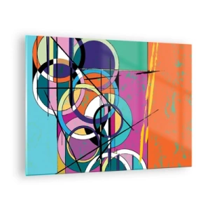 Obraz na szkle - Kolorowa abstrakcja z geometrycznymi kształtami i okręgami - 70x50cm - Koło za kołem - Nowoczesna dekoracja ścienna do salonu i sypialni ARTTOR