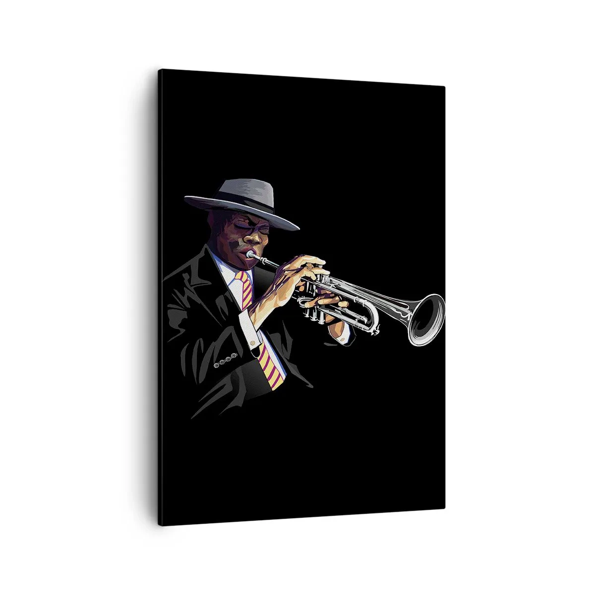 Obraz na płótnie - Stylowy muzyk grający na trąbce na czarnym tle - 50x70cm - Czar starej szkoły - Nowoczesna dekoracja ścienna do salonu, kuchni i sypialni ARTTOR