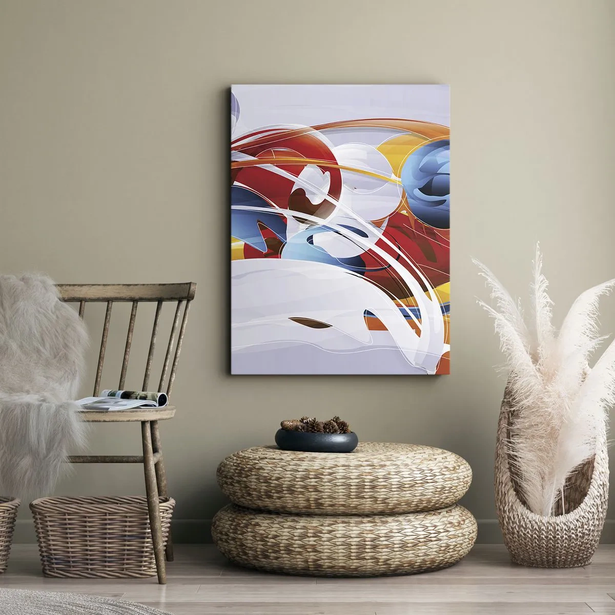 Obraz na płótnie - Kolorowa abstrakcja z dynamicznymi liniami i żywymi barwami - 80x120cm - Taniec żywiołów - Nowoczesna dekoracja ścienna do salonu i sypialni ARTTOR