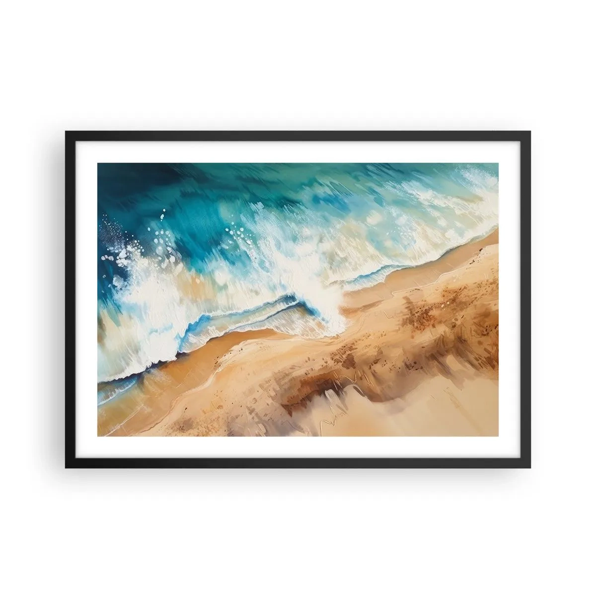 Plakat w czarnej ramie - Morska fala uderzająca o piaszczysty brzeg - 70x50cm - Powracająca fala - Nowoczesna dekoracja ścienna do salonu i sypialni ARTTOR