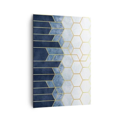 Obraz na płótnie - Geometryczny wzór w odcieniach złota i granatu - 70x100cm - Kompozycja w synkopowym rytmie - Nowoczesna dekoracja ścienna do salonu i sypialni ARTTOR