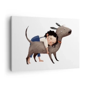 Obraz na płótnie - Ilustracja dziecka przytulającego psa w rysunkowym stylu - 70x50cm - Najlepsi przyjaciele - Nowoczesna dekoracja ścienna do salonu i sypialni ARTTOR