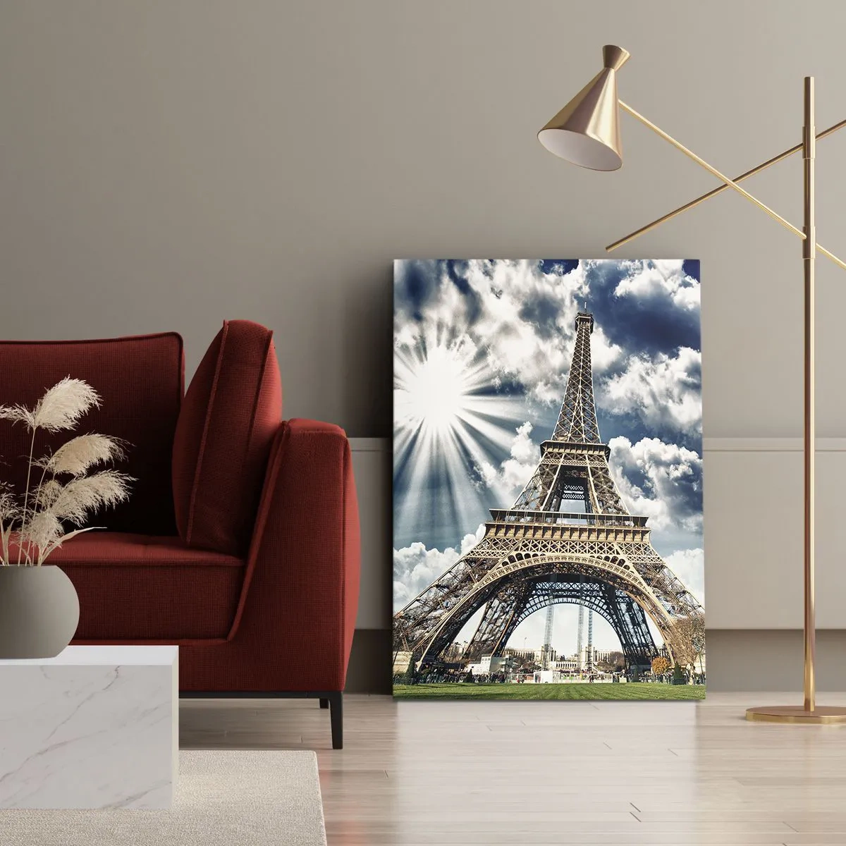 Obraz na płótnie - Wieża Eiffla na tle błękitnego nieba - 50x70cm - Jedyna taka pod słońcem - Nowoczesna dekoracja ścienna do salonu, kuchni i sypialni ARTTOR