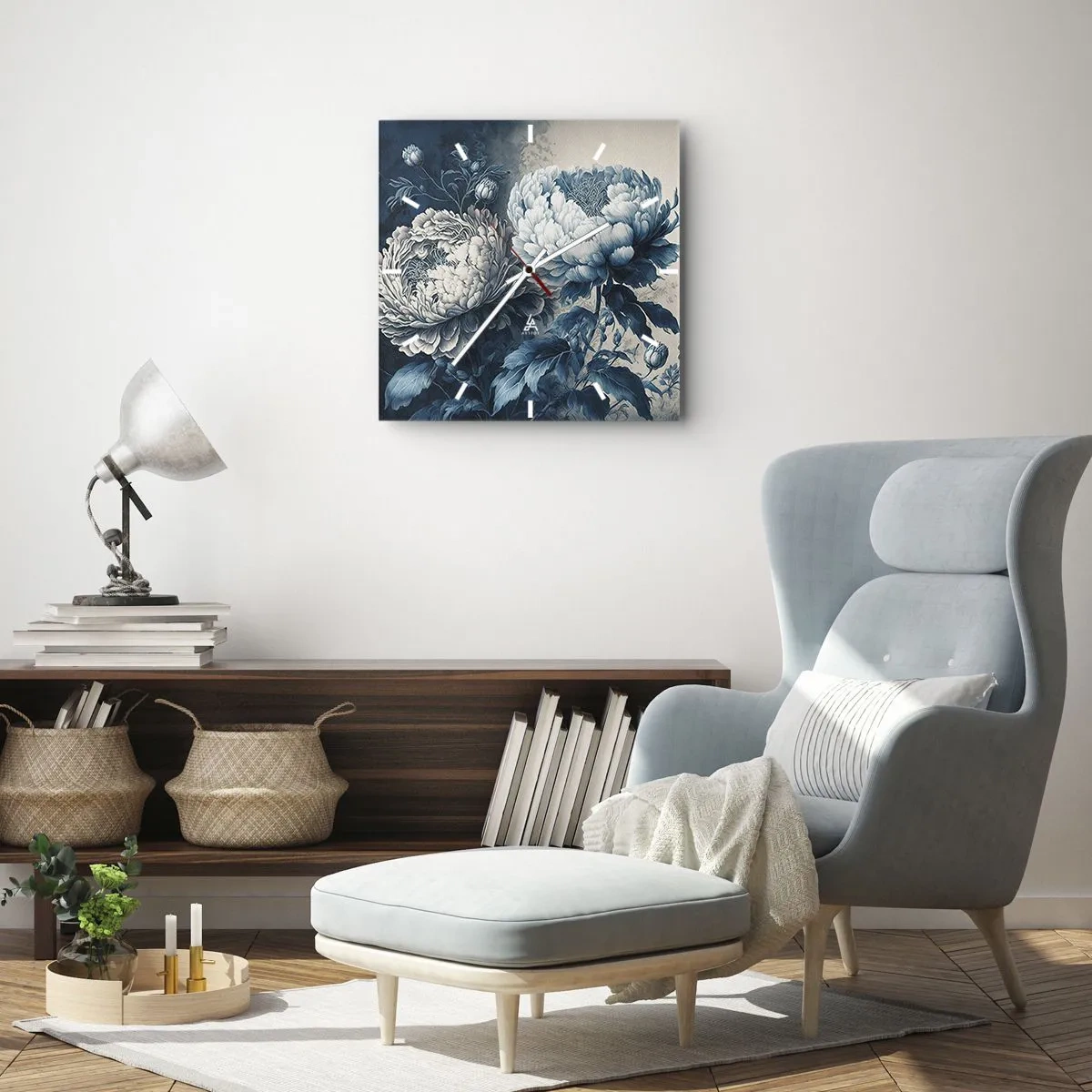 Zegar ścienny - Niebieskie piwonie na subtelnym tle z delikatnym wzorem - 30x30cm - Dobrana para - Nowoczesna dekoracja ścienna do salonu i sypialni ARTTOR
