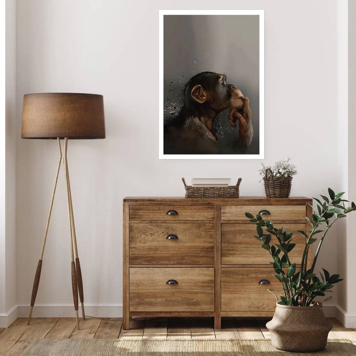Plakat - Portret myślącej małpy w delikatnych szarościach z abstrakcyjnym tłem - 50x70cm - Z pewnością myśliciel - Nowoczesna dekoracja ścienna do salonu, kuchni i sypialni ARTTOR
