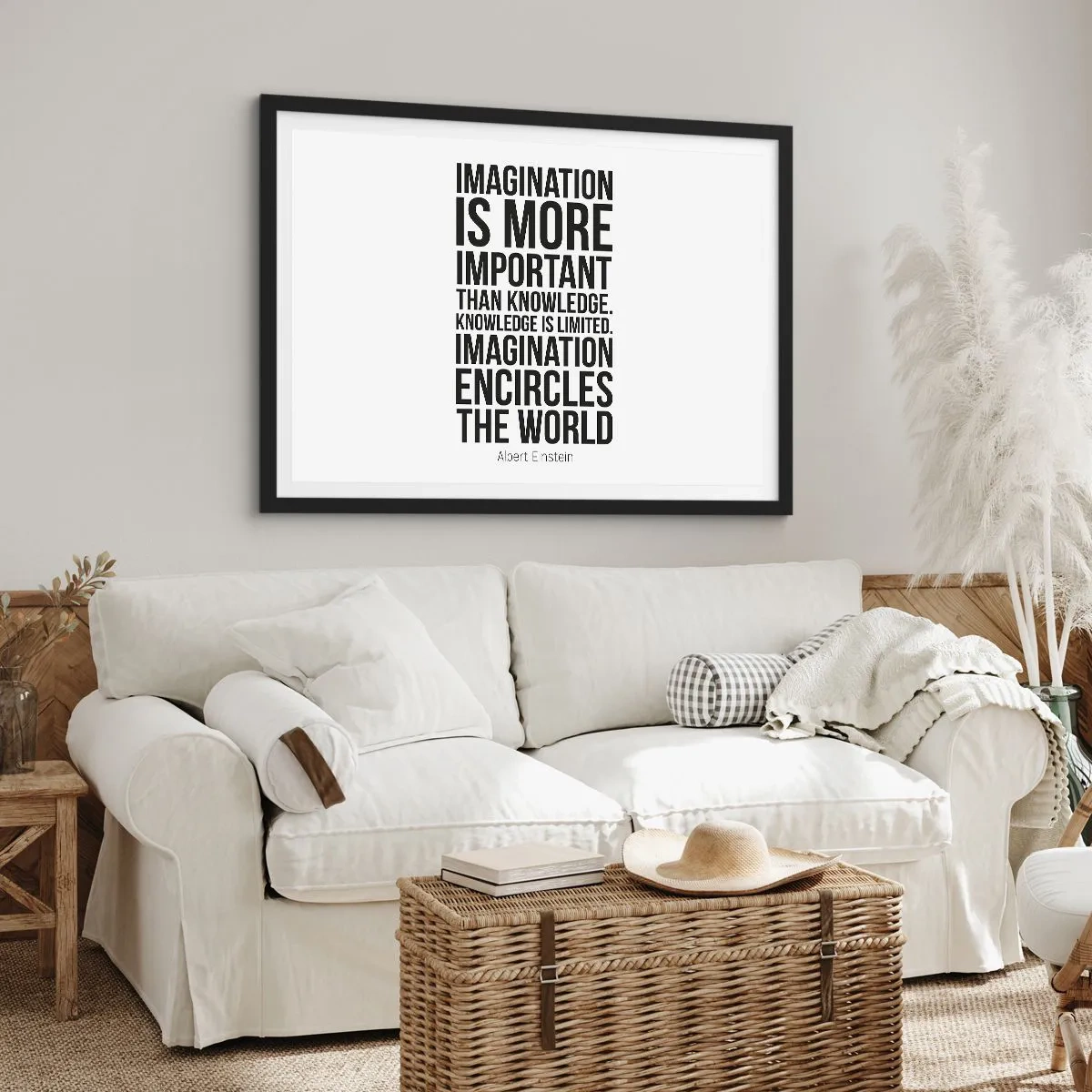 Plakat w czarnej ramie - Inspirujący cytat na białym tle w czarnej czcionce - 100x70cm - Einstein o mocy wyobraźni - Nowoczesna dekoracja ścienna do salonu i sypialni ARTTOR