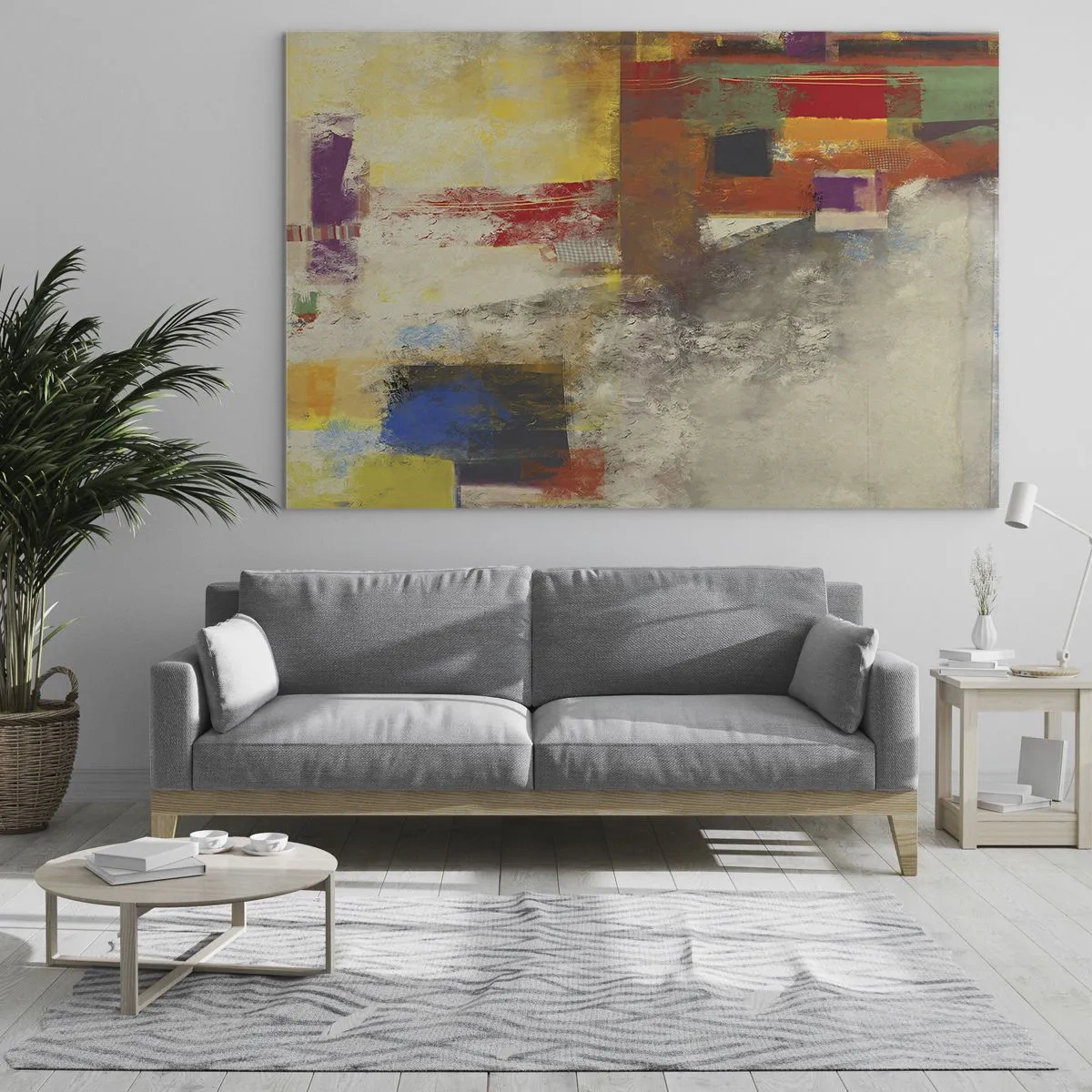Obraz na szkle - Kolorowa abstrakcja z geometrycznymi kształtami - 70x50cm - Geometria barw - Nowoczesna dekoracja ścienna do salonu i sypialni ARTTOR