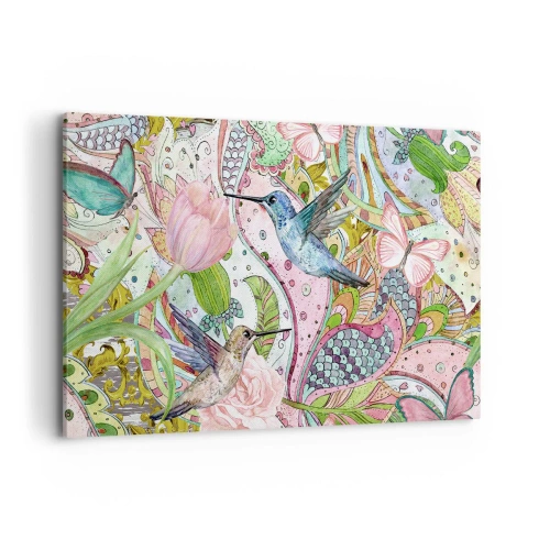 Obraz na płótnie - Kolorowe kolibry i motyle wśród roślin - 120x80cm - Wplątane w pnączach - Nowoczesna dekoracja ścienna do salonu, kuchni i sypialni ARTTOR