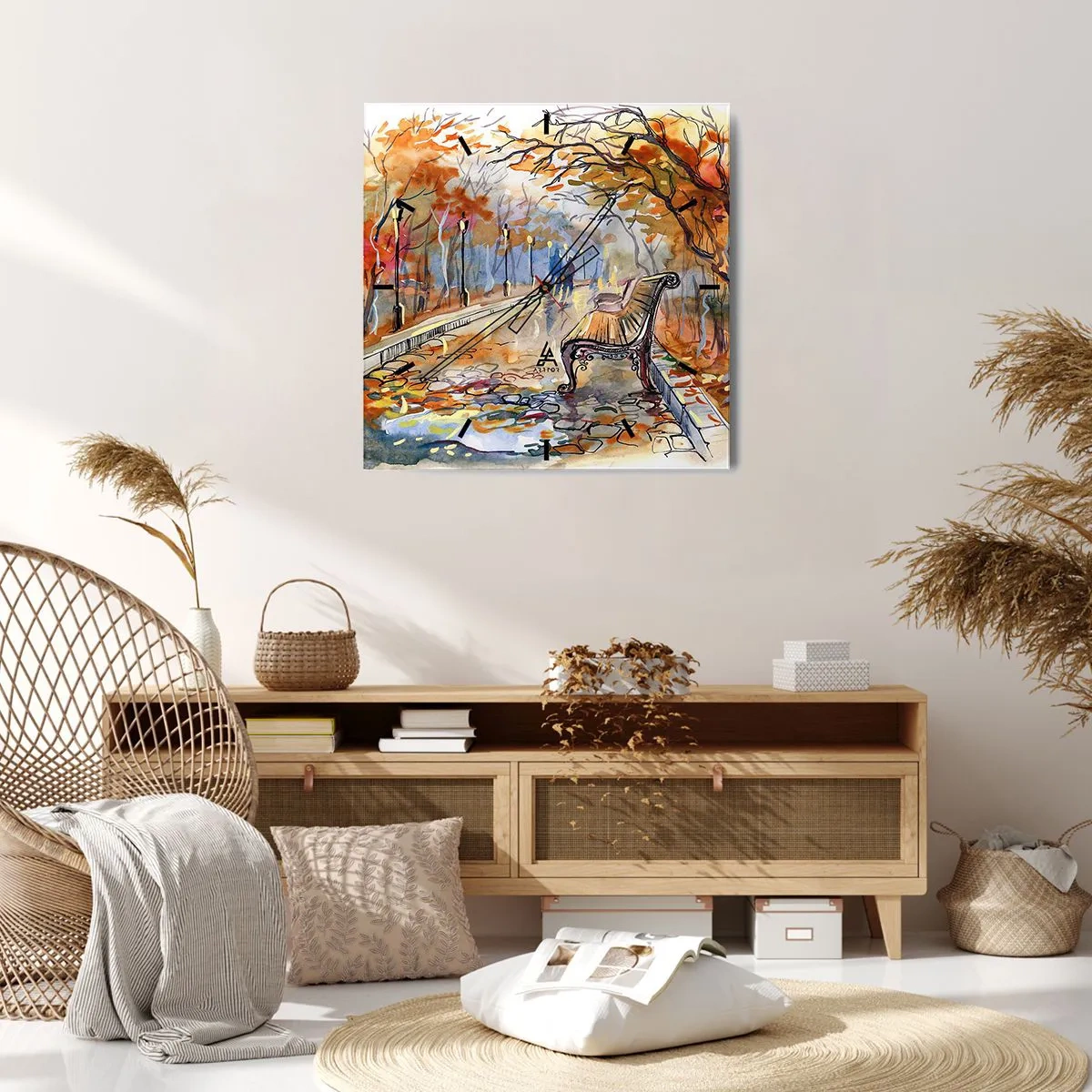 Zegar ścienny - Jesienny park z ławką w akwarelowym ujęciu - 30x30cm - Razem powędrować w jesień - Nowoczesna dekoracja ścienna do salonu i sypialni ARTTOR