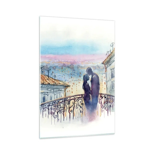 Obraz na szkle - Romantyczna para na balkonie z widokiem na miasto - 80x120cm - Paryscy kochankowie - Nowoczesna dekoracja ścienna do salonu i sypialni ARTTOR