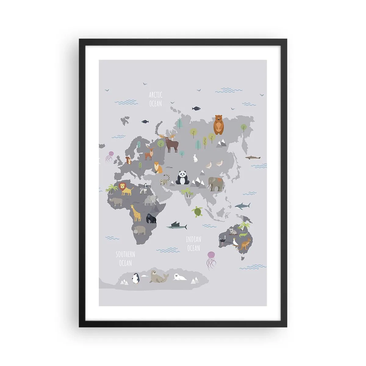 Plakat w czarnej ramie - Mapa świata z kolorowymi zwierzętami dla dzieci - 50x70cm - Powiedz mi, skąd jesteś… - Nowoczesna dekoracja ścienna do salonu i sypialni ARTTOR