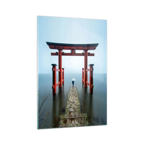 Obraz na szkle - Brama torii nad spokojnym jeziorem w Japonii - 70x100cm - Japońska zaduma - Nowoczesna dekoracja ścienna do salonu i sypialni ARTTOR