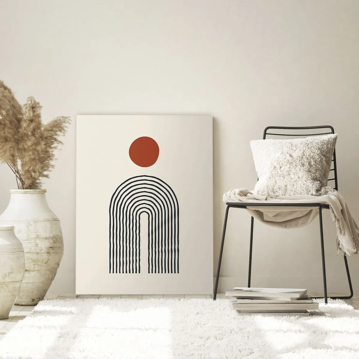 Obraz na szkle - Graficzna abstrakcja z liniami i okręgiem w stylu retro - 50x70cm - Magnetyzm kształtów i barw - Nowoczesna dekoracja ścienna do salonu, kuchni i sypialni ARTTOR