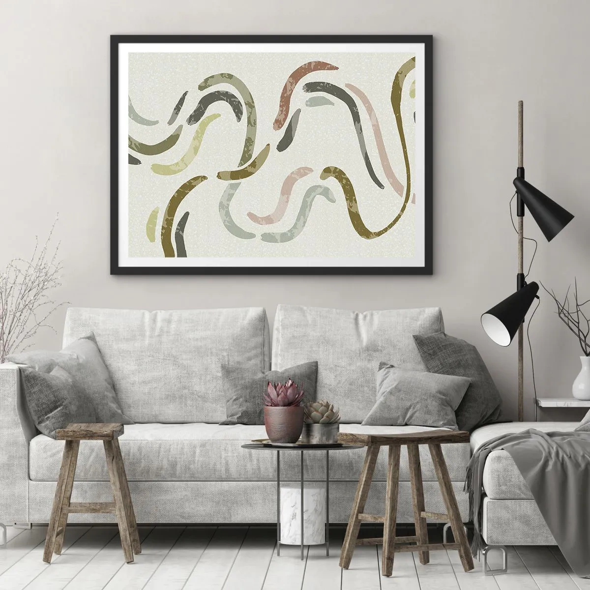 Plakat w czarnej ramie - Abstrakcyjne łuki w pastelowej kolorystyce - 70x50cm - Radosny taniec abstrakcji - Nowoczesna dekoracja ścienna do salonu i sypialni ARTTOR