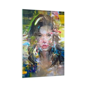 Obraz na szkle - Abstrakcyjny portret kobiety w intensywnych kolorach - 80x120cm - Za powietrza zasłoną - Nowoczesna dekoracja ścienna do salonu i sypialni ARTTOR