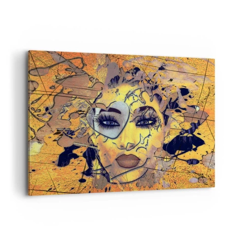 Obraz na płótnie - Abstrakcyjny portret kobiety w złoto-żółtych tonacjach - 100x70cm - Słoneczna piękność - Nowoczesna dekoracja ścienna do salonu, kuchni i sypialni ARTTOR