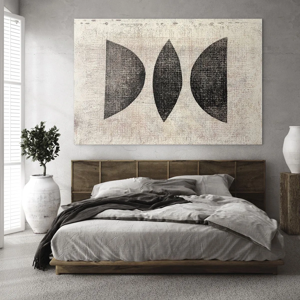 Obraz na szkle - Czarne geometryczne formy na beżowym tle - 70x50cm - Etniczna abstrakcja - Nowoczesna dekoracja ścienna do salonu i sypialni ARTTOR