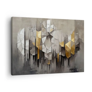 Obraz na płótnie - Geometryczna abstrakcja w odcieniach złota i szarości - 70x50cm - Kompozycja z lodu i światła - Nowoczesna dekoracja ścienna do salonu i sypialni ARTTOR