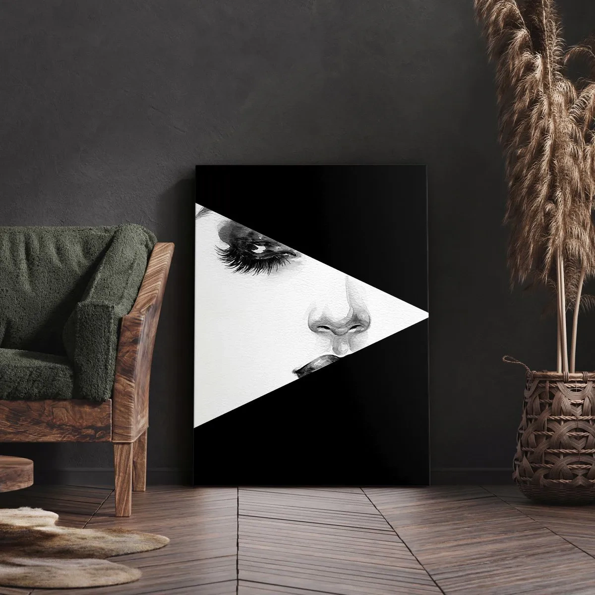 Obraz na płótnie - Czarno-biała ilustracja kobiecej twarzy ukrytej za geometrycznym kształtem - 80x120cm - Zawsze nieodkryta - Nowoczesna dekoracja ścienna do salonu i sypialni ARTTOR