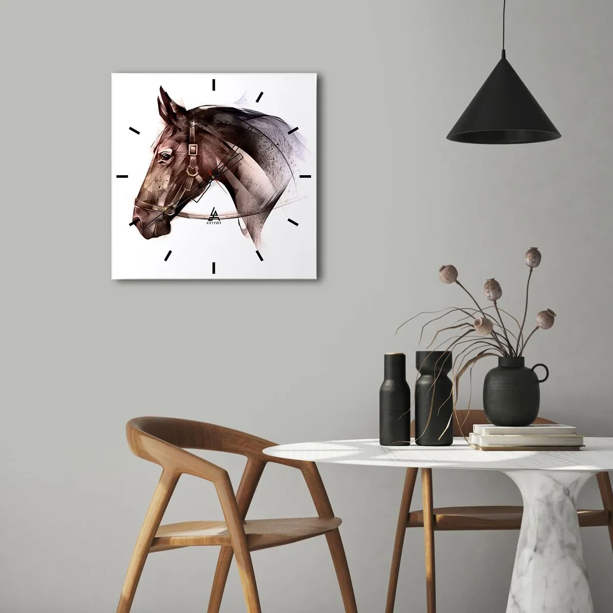 Zegar ścienny - Profil konia w delikatnej artystycznej formie na białym tle - 30x30cm - Co za wdzięk - Nowoczesna dekoracja ścienna do salonu i sypialni ARTTOR