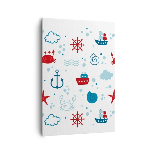 Obraz na płótnie - Morski wzór z kotwicami, statkami i krabami - 70x100cm - Morska bajka - Nowoczesna dekoracja ścienna do salonu i sypialni ARTTOR