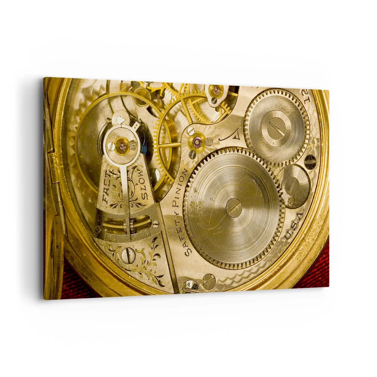 Obraz na płótnie - Mechanizm zegarka z widocznymi zębatkami i detalami - 120x80cm - Idź z duchem czasu - Nowoczesna dekoracja ścienna do salonu, kuchni i sypialni ARTTOR