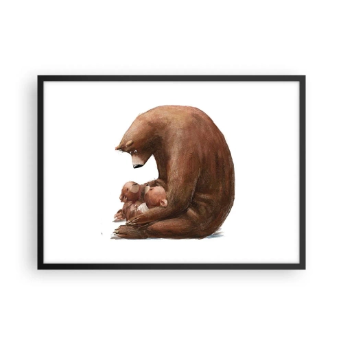 Plakat w czarnej ramie - Niedźwiedzica z dwoma małymi niedźwiadkami w ramionach - 70x50cm - Słodkich snów, dzieciaki - Nowoczesna dekoracja ścienna do salonu i sypialni ARTTOR