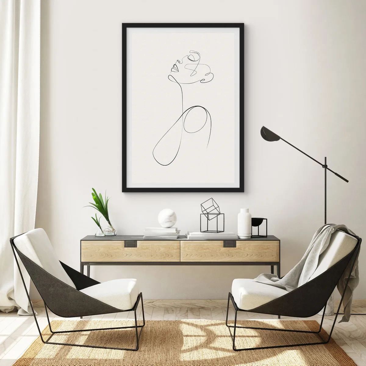 Plakat w czarnej ramie - Minimalistyczna linia tworząca sylwetkę kobiety - 50x70cm - Zapętlona w marzeniach - Nowoczesna dekoracja ścienna do salonu i sypialni ARTTOR