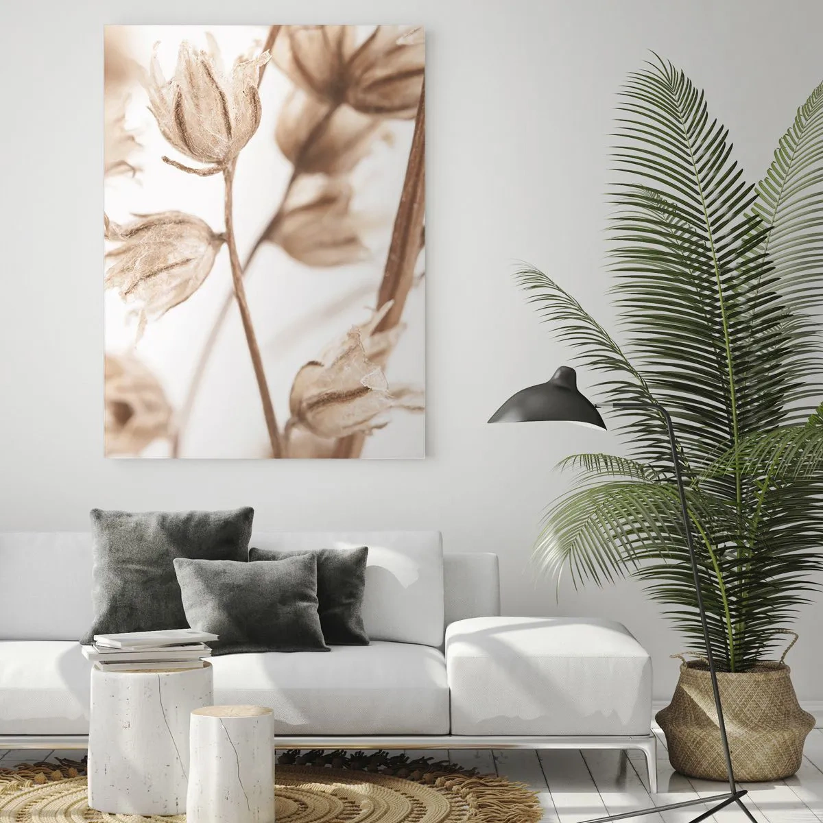 Obraz na szkle - Delikatne wysuszone kwiaty w odcieniach beżu i brązu - 80x120cm - Dzwonią na koniec lata - Nowoczesna dekoracja ścienna do salonu i sypialni ARTTOR