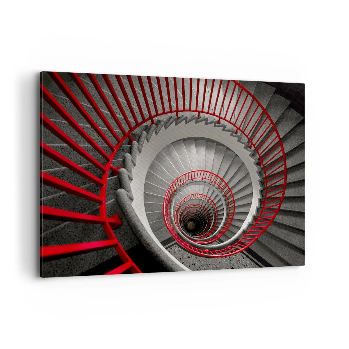 Obraz na płótnie - Spiralne schody z czerwonymi poręczami w dynamicznej perspektywie - 100x70cm - Zabawy architektury - Nowoczesna dekoracja ścienna do salonu, kuchni i sypialni ARTTOR
