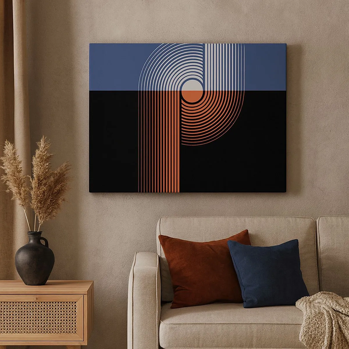 Obraz na płótnie - Geometryczna abstrakcja z liniami w kolorach granatu i pomarańczu - 70x50cm - W geometrycznym uścisku - Nowoczesna dekoracja ścienna do salonu i sypialni ARTTOR