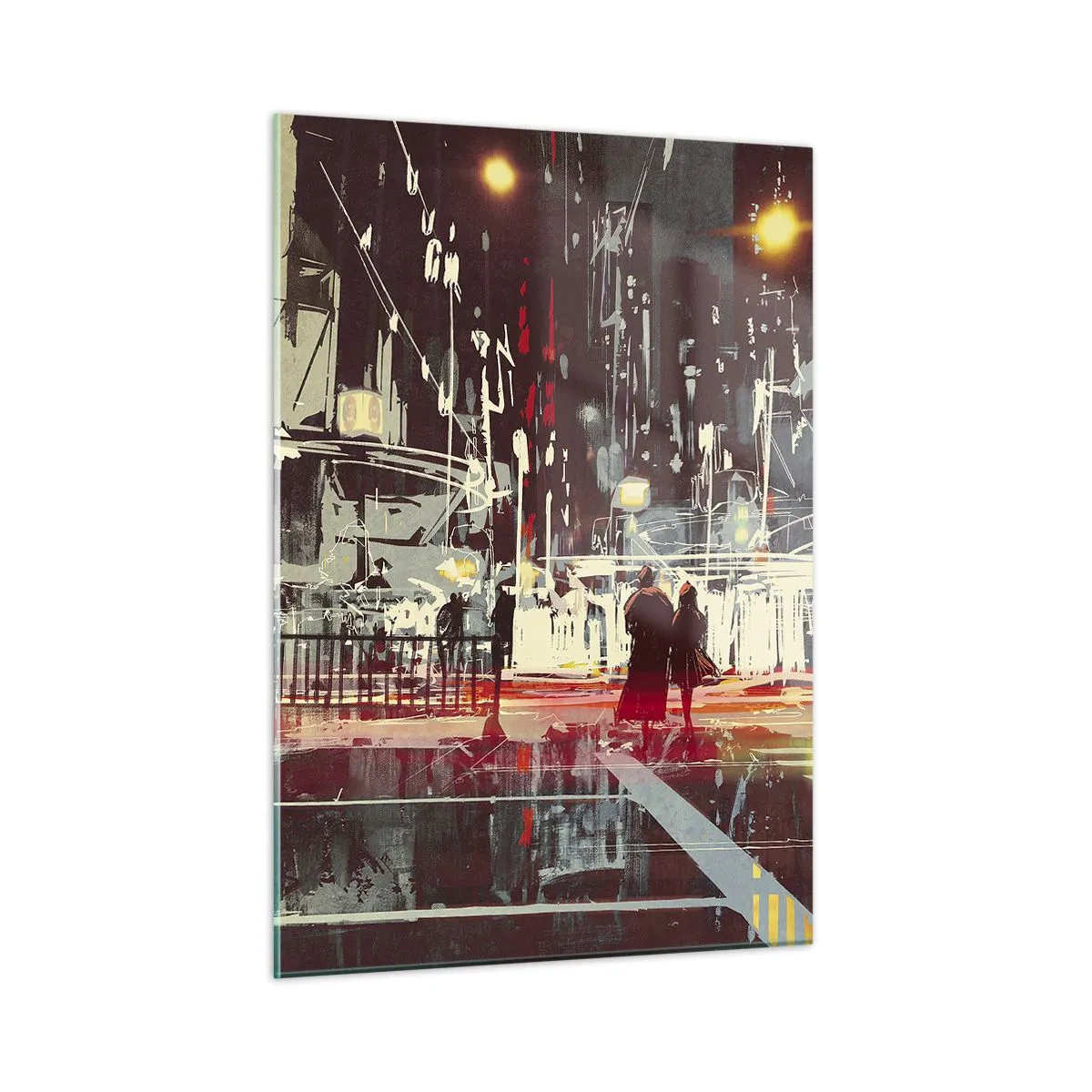 Obraz na szkle - Nocny krajobraz miasta z neonowymi światłami i sylwetkami przechodniów - 50x70cm - Wielkomiejska przeprawa - Nowoczesna dekoracja ścienna do salonu, kuchni i sypialni ARTTOR