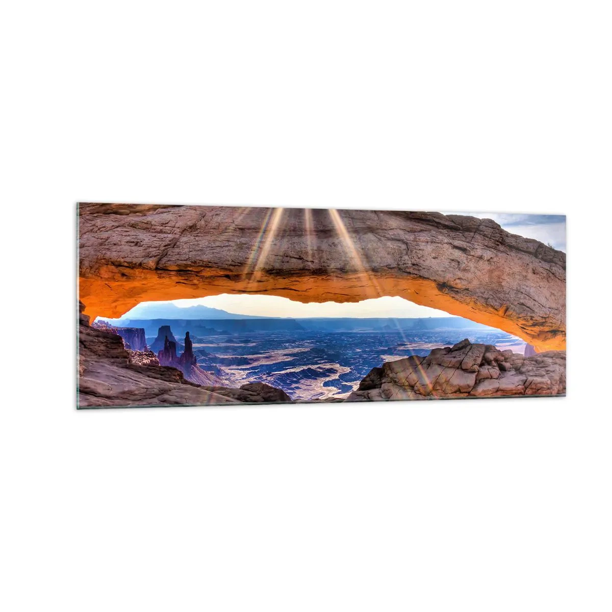 Obraz na szkle - Skalny łuk z widokiem na kanion o wschodzie słońca - 140x50cm - Przez skalną bramę - Nowoczesna dekoracja ścienna do salonu i sypialni ARTTOR