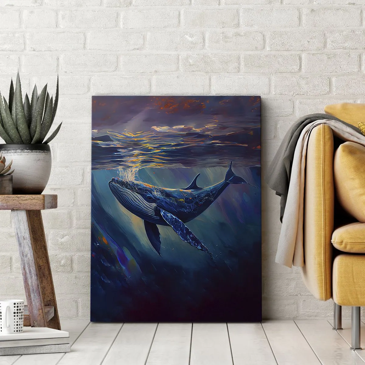 Obraz na płótnie - Wieloryb w głębinach oceanu w świetlistych barwach - 70x100cm - Witaj w moim świecie - Nowoczesna dekoracja ścienna do salonu i sypialni ARTTOR