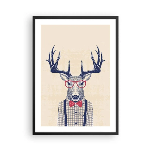 Plakat w czarnej ramie - Stylowy jeleń w okularach i muszce na beżowym tle - 50x70cm - Zabawna ekstrawagancja - Nowoczesna dekoracja ścienna do salonu i sypialni ARTTOR