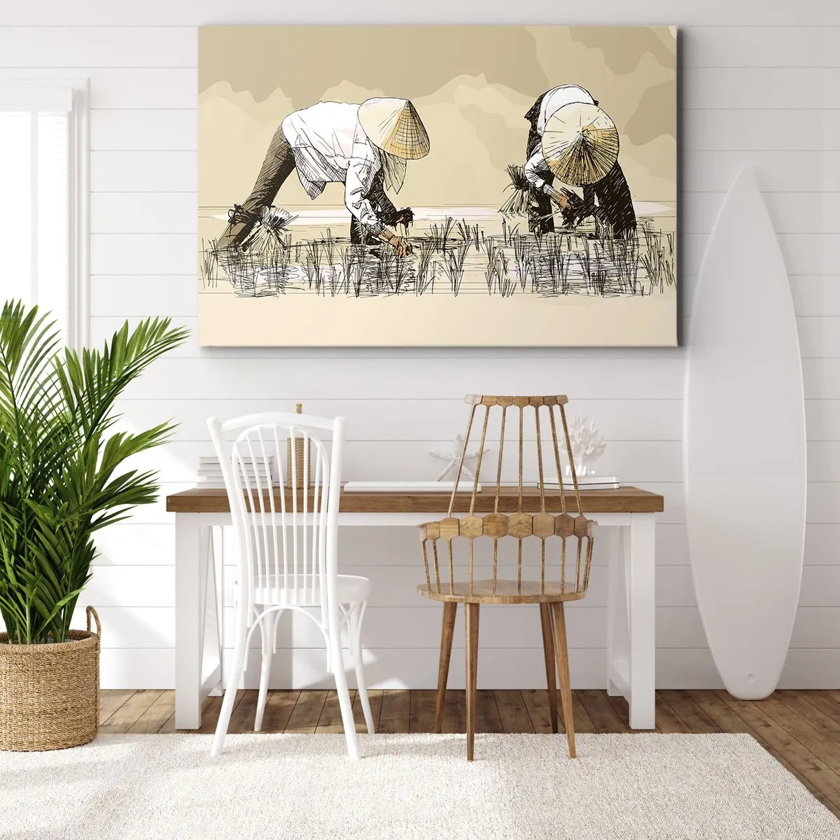 Obraz na płótnie - Pracujący rolnicy w polu ryżowym z tradycyjnymi nakryciami głowy - 100x70cm - Udanych zbiorów - Nowoczesna dekoracja ścienna do salonu, kuchni i sypialni ARTTOR
