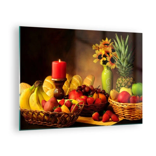 Obraz na szkle - Kompozycja owoców, pieczywa i świecy w rustykalnym stylu - 70x50cm - Martwa natura z pieczywem i owocami - Nowoczesna dekoracja ścienna do salonu i sypialni ARTTOR