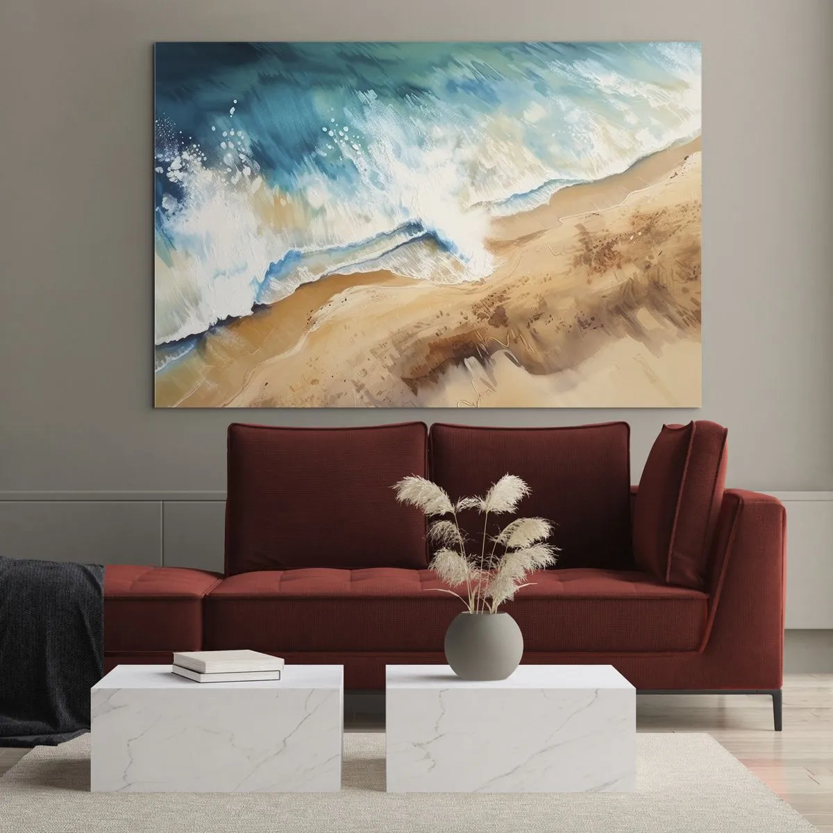 Obraz na szkle - Błękitna morska fala rozbijająca się o piaszczysty brzeg z lotu ptaka - 70x50cm - Powracająca fala - Nowoczesna dekoracja ścienna do salonu i sypialni ARTTOR