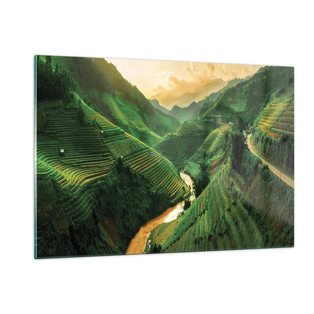 Obraz na szkle - Malownicze tarasy ryżowe w dolinie o zachodzie słońca - 120x80cm - Wietnamska dolina - Nowoczesna dekoracja ścienna do salonu, kuchni i sypialni ARTTOR