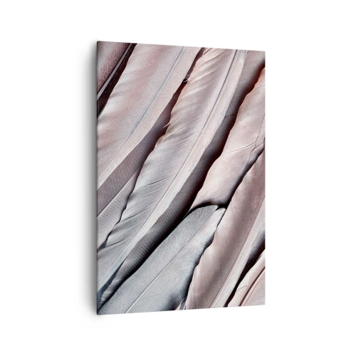 Obraz na płótnie - Delikatne pióra w subtelnych odcieniach szarości i beżu - 70x100cm - W różowej srebrzystości - Nowoczesna dekoracja ścienna do salonu i sypialni ARTTOR