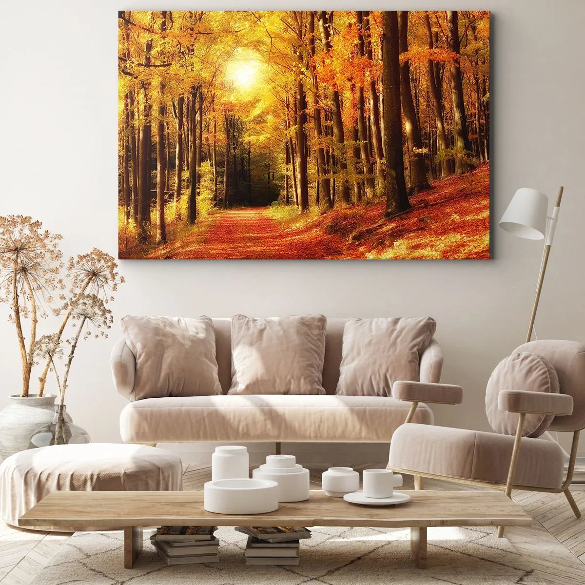 Obraz na płótnie - Jesienny las z promieniami słońca przebijającymi przez drzewa - 70x50cm - Złota jesień na leśnej drodze - Nowoczesna dekoracja ścienna do salonu i sypialni ARTTOR