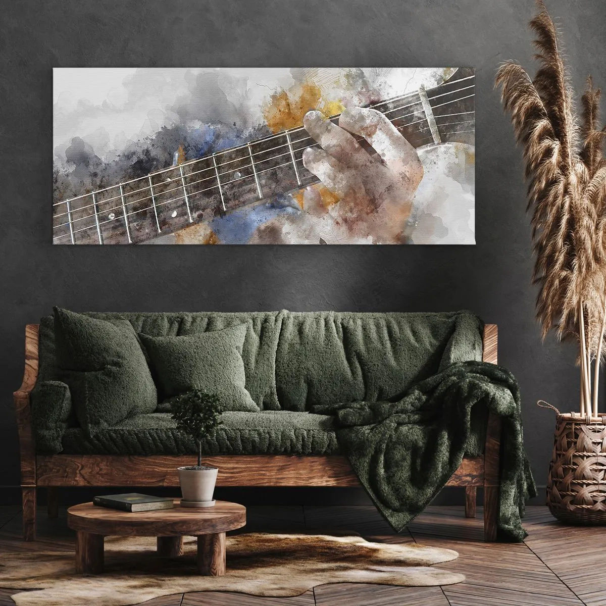 Obraz na płótnie - Abstrakcyjny obraz ręki grającej na gitarze - 160x50cm - Poezja między strunami - Nowoczesna dekoracja ścienna do salonu i sypialni ARTTOR