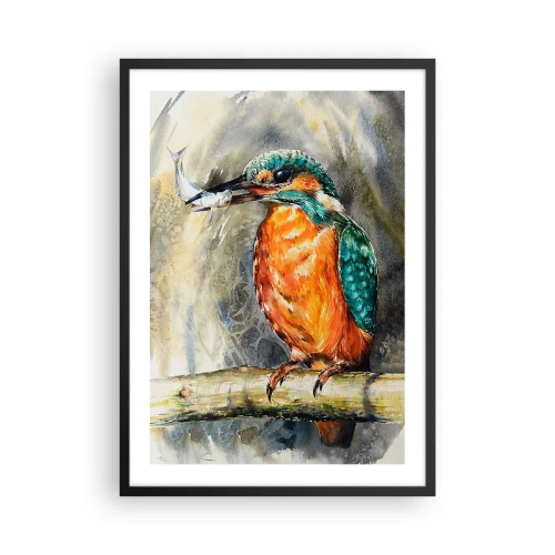 Plakat w czarnej ramie - Wodniczek trzymający rybę na tle naturalnego krajobrazu w akwarelowym stylu - 50x70cm - Prawo natury - Nowoczesna dekoracja ścienna do salonu i sypialni ARTTOR